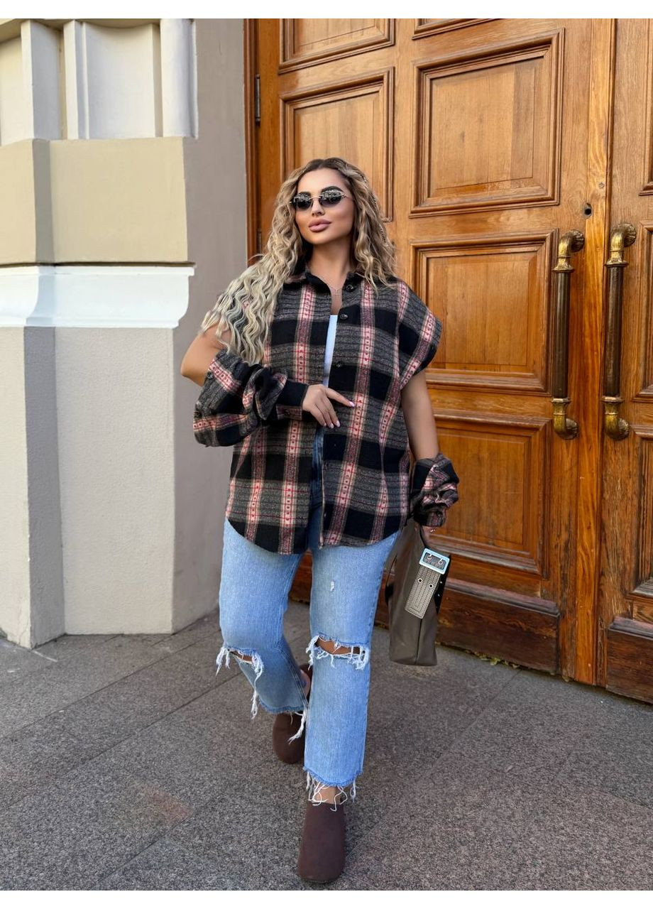 Черная повседневный рубашка в клетку DK/DL Мода без кордонів с длинным рукавом