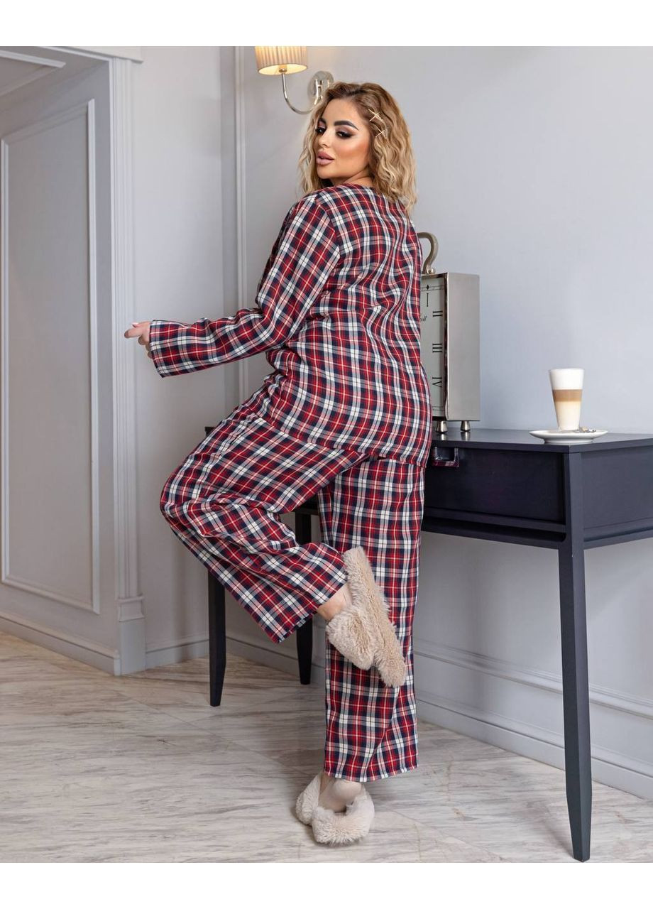 Красная всесезон пижама женская в клетку теплая со штанами кофта + брюки No Brand