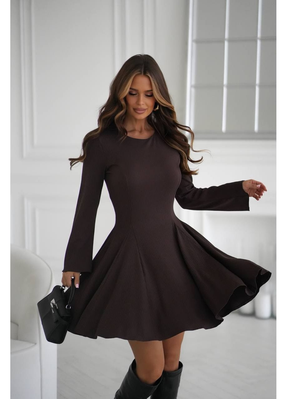Коричнева кежуал жіноча сукня міні в рубчик із спідницею кльош кльош MonCher