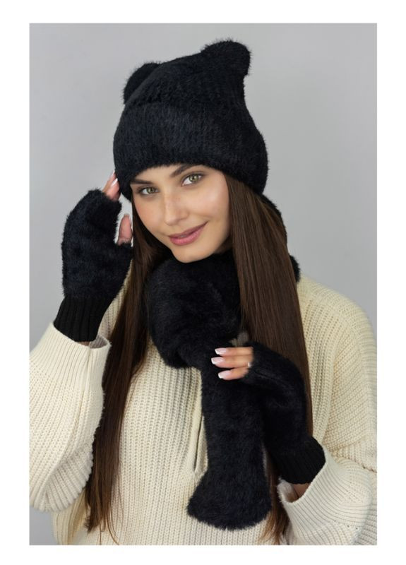 Шапка женская с ушками + митенки + шарф комплект Braxton Скай (366340726)