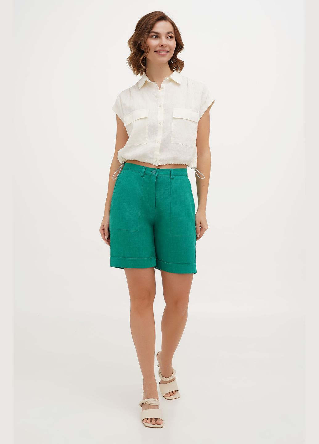 Бежева кроп топ блуза з тонкого напів льону на ґудзиках з затяжками по низу та кишенями шеріл., р., код 9423/50/883 ГАЛЕРЕЯ ЛЬОНУ