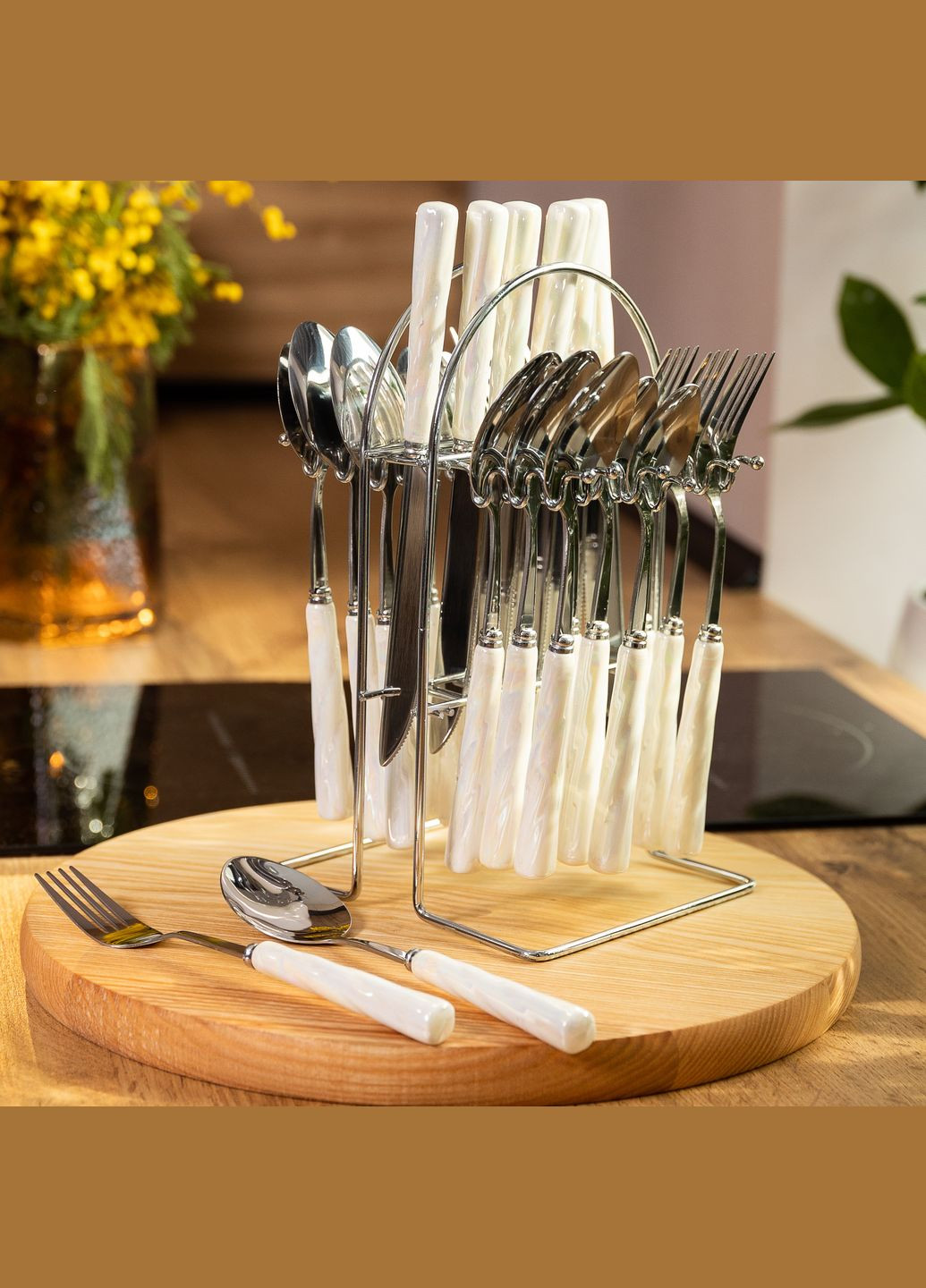 Набор столовых приборов на подставке 24 предмета с керамическими ручками, серебристый Yiwu (324234946)