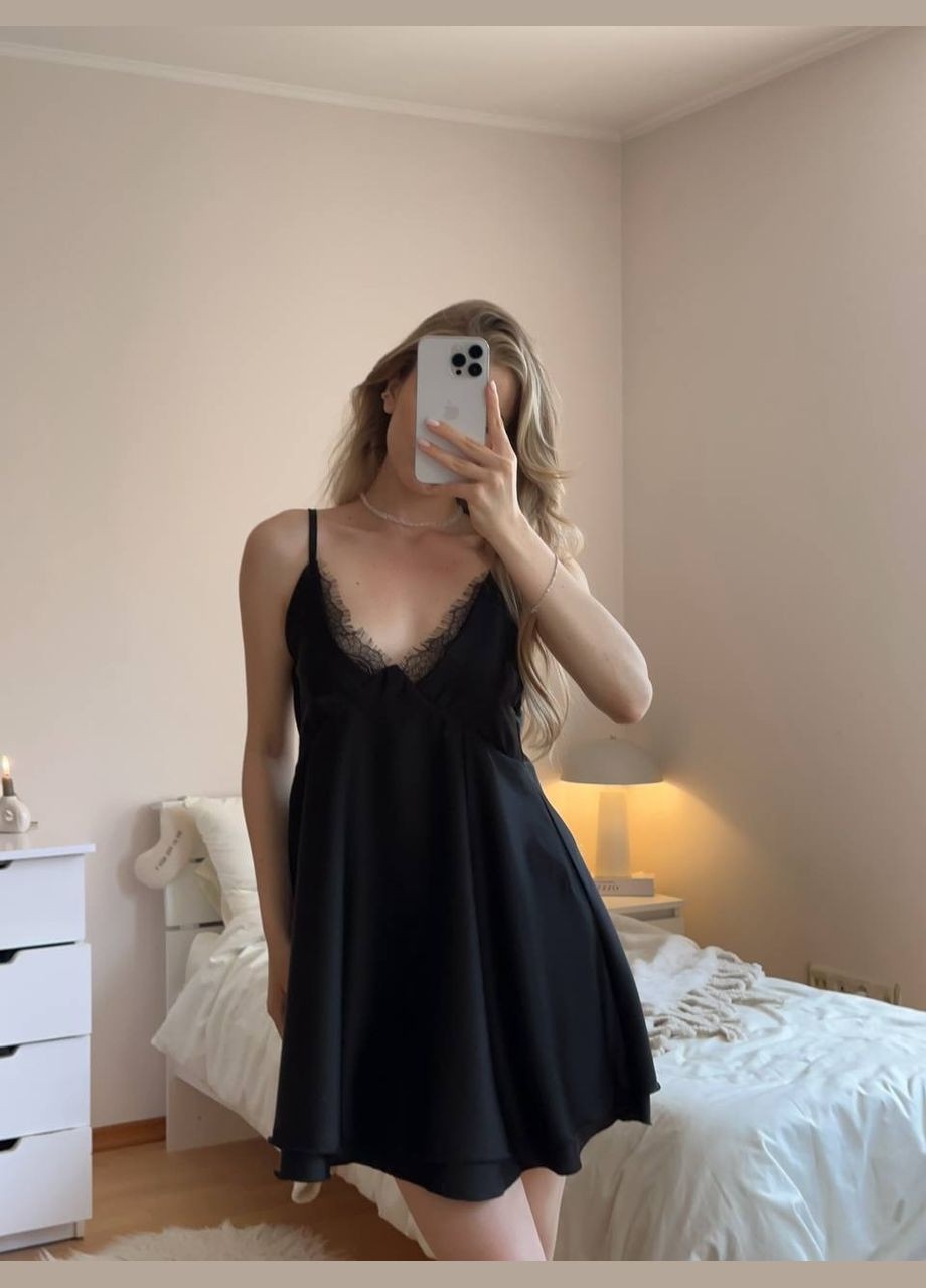 Чорна чорна шовкова сукня з мереживом, літня сукня без рукава No Brand однотонна