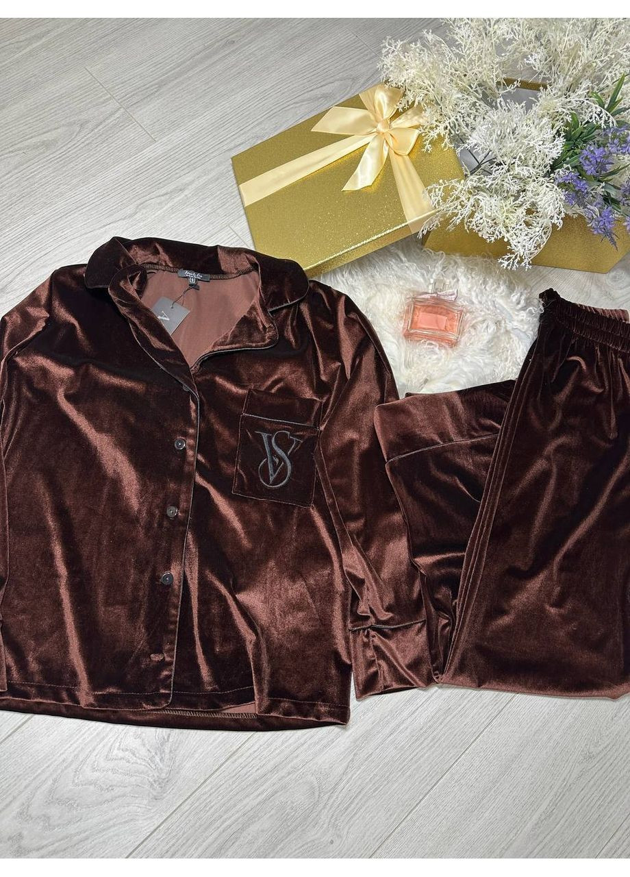 Коричнева всесезон жіноча піжама сорочка + брюки No Brand