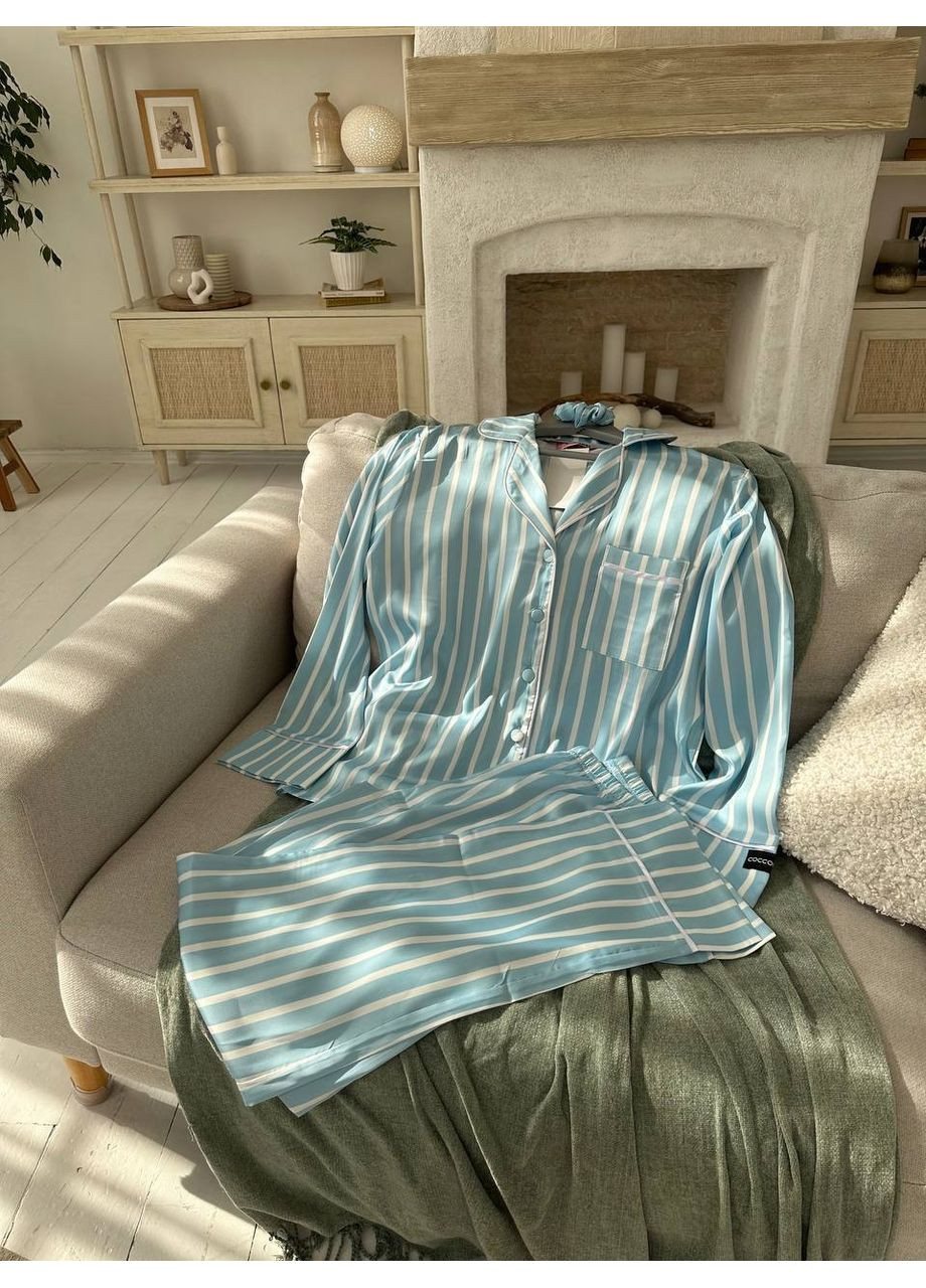 Голубая всесезон женская пижама | голубая полоска рубашка + брюки Vital-Textile 1263