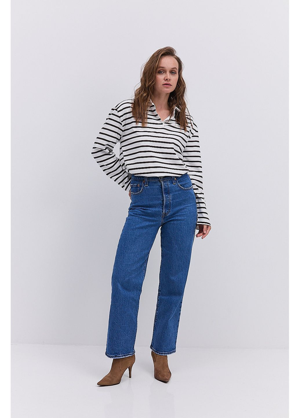 Лонгслив с воротником поло молочный в коричневую полоску Arjen (364967636)