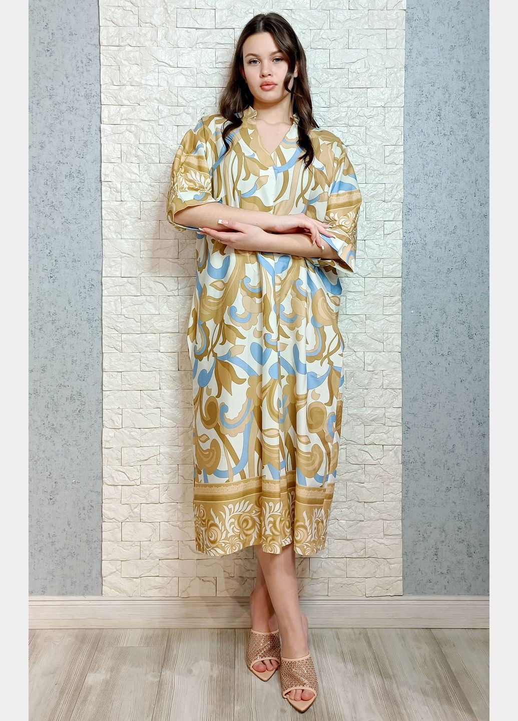 Бежева повсякденний, кежуал сукня оверсайз New Collection з абстрактним візерунком