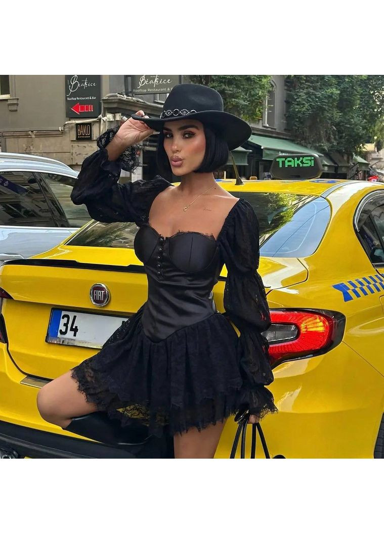 Черное праздничный, кэжуал, коктейльное, вечернее женское платье-комбинезон с кружевом с корсетом Avanti однотонное