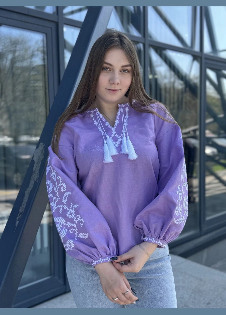 Лавандова вишиванка жіноча з льону BeART візерунок квітковий вільна льон (300150000)