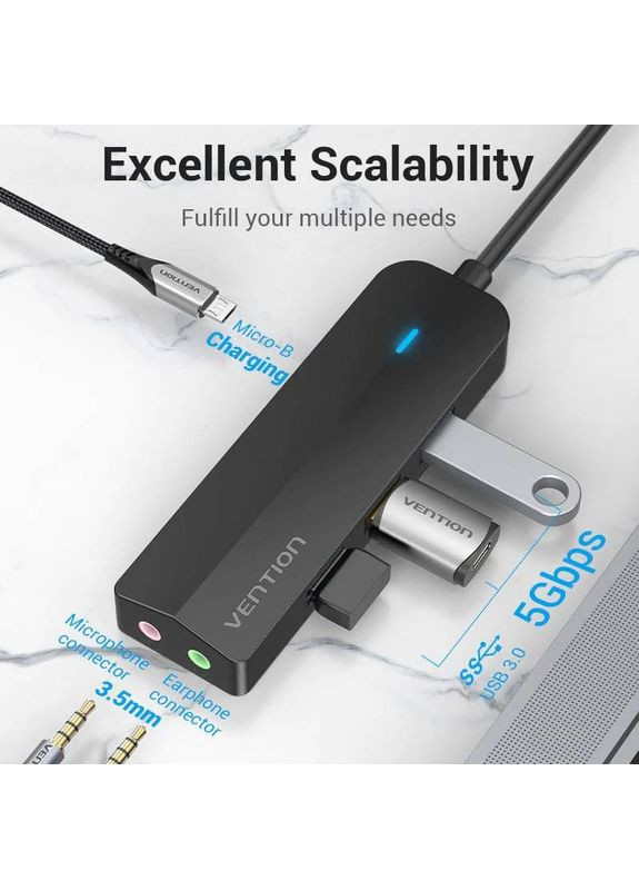 Хаб USB 3.1 Type-C -> 3xUSB 3.0/MicroUSB/3.5mm Sound Adapter чорний Vention (372616109)