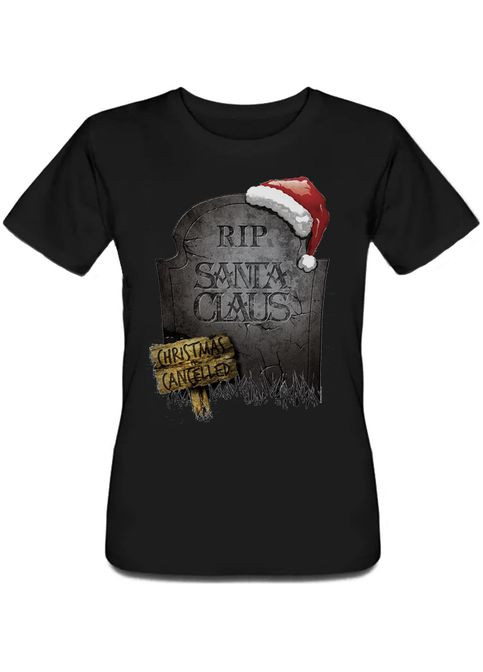 Черная летняя женская новогодняя футболка rip santa claus christmas cancelled (чёрная) Fat Cat