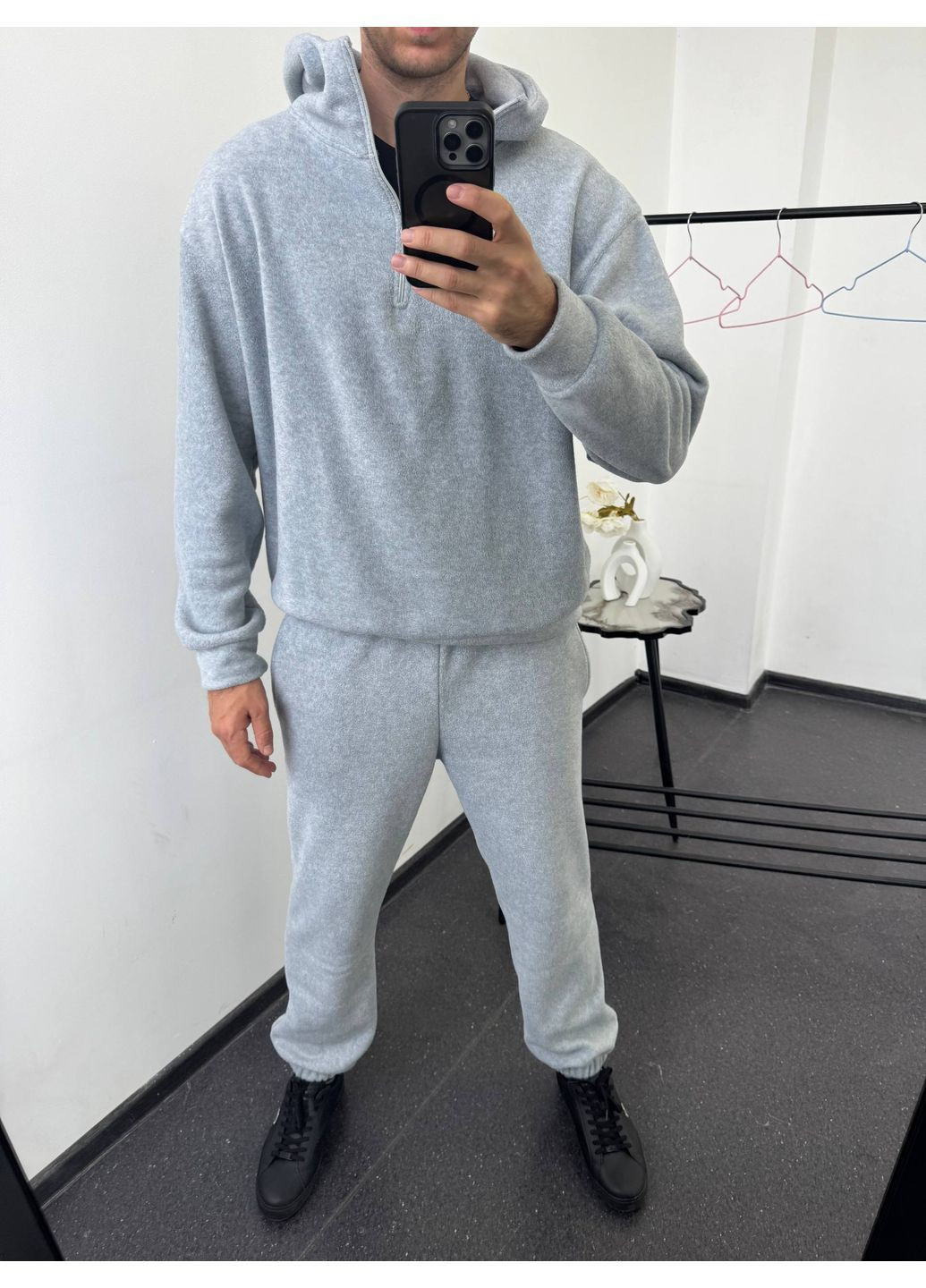 Серый демисезонный мужской теплый флисовый костюм на змейке No Brand