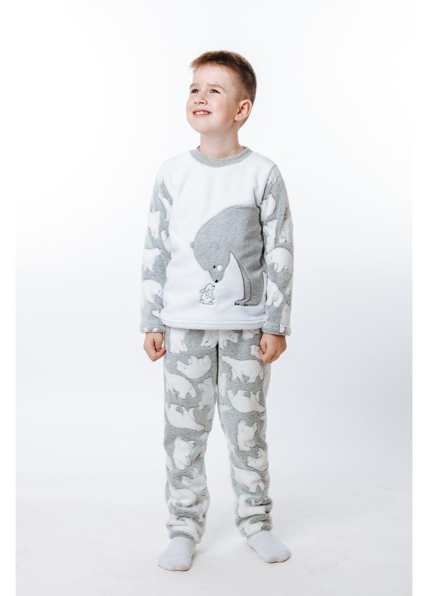 Сіра всесезон дитяча піжама для хлопчика та дівчинки велсофт сіра з ведмежам костюм для дому теплий кофта + брюки V&V