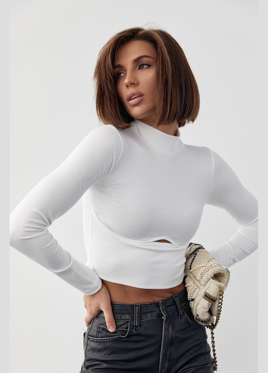 Молочний демісезонний трикотажний кроп-топ із фігурним швом та вирізом - бежевий колір, l (sku_04590) No Brand