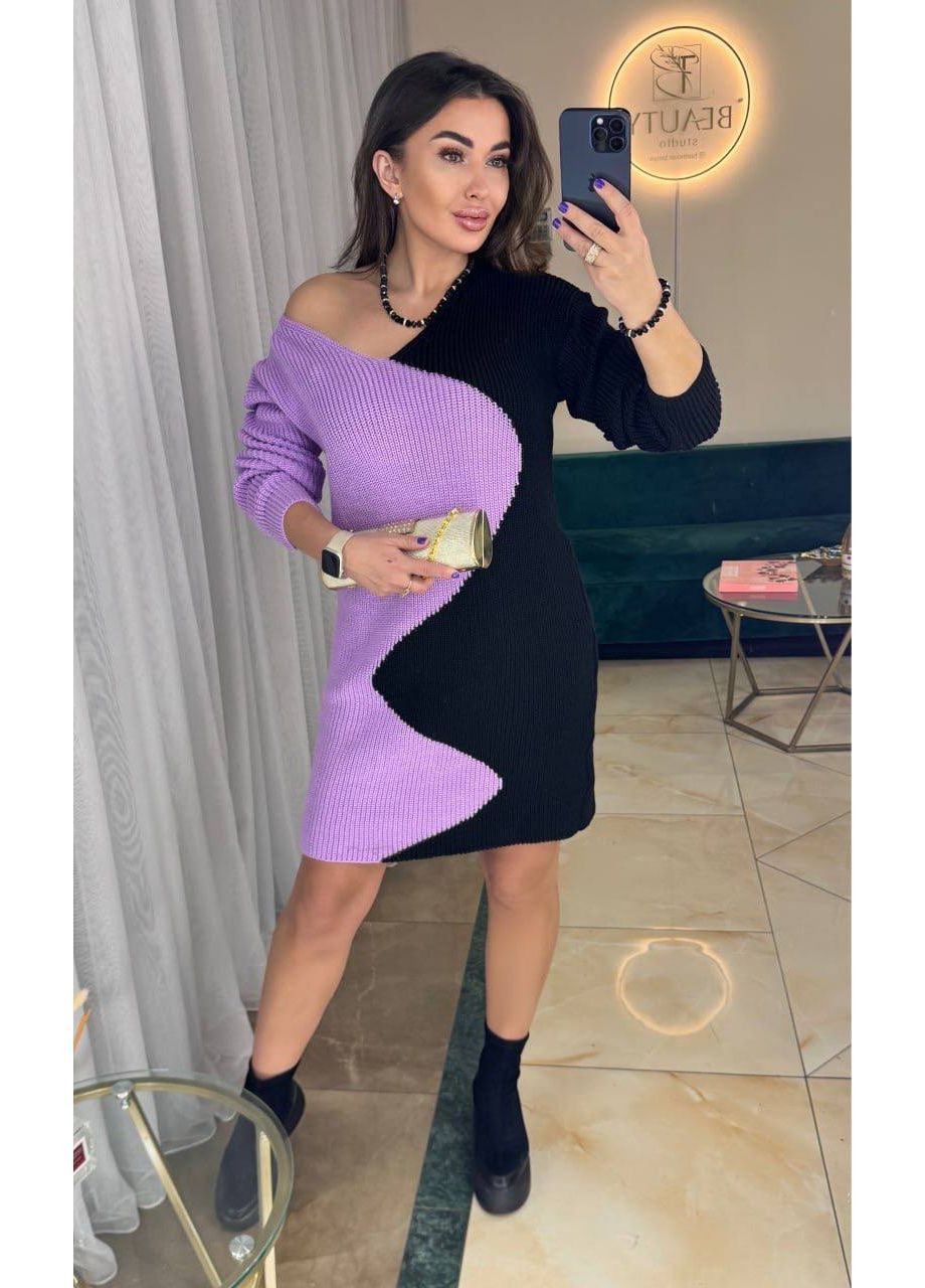 Сиреневое праздничный, повседневный, кэжуал женское вязаное платье двухцветное No Brand колор блок