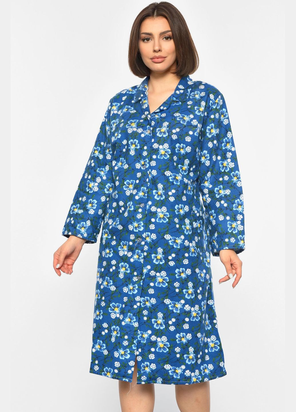 Халат женский байковый батальный синего цвета с цветочным принтом Let's Shop (303509201)