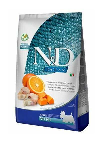 Беззерновий корм N&D Ocean Grain Free Dog Adult Mini Cod для дрібних порід, з тріскою, гарбузом та апельсином, 7 кг Farmina (360544046)