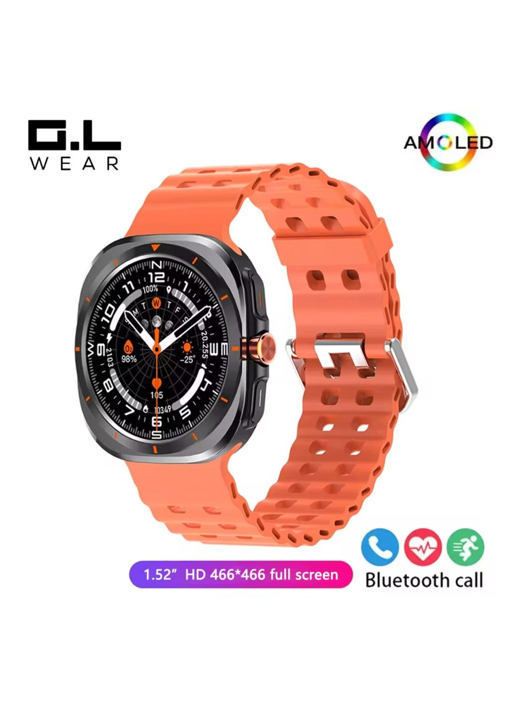 Розумний смарт годинник G.L Wear GT7 Ultra 2025 з AMOLED екраном 1.52" Bluetooth 5.3 Дзвінки і моніторинг здоров'я Orange Sprite No Brand (369163438)