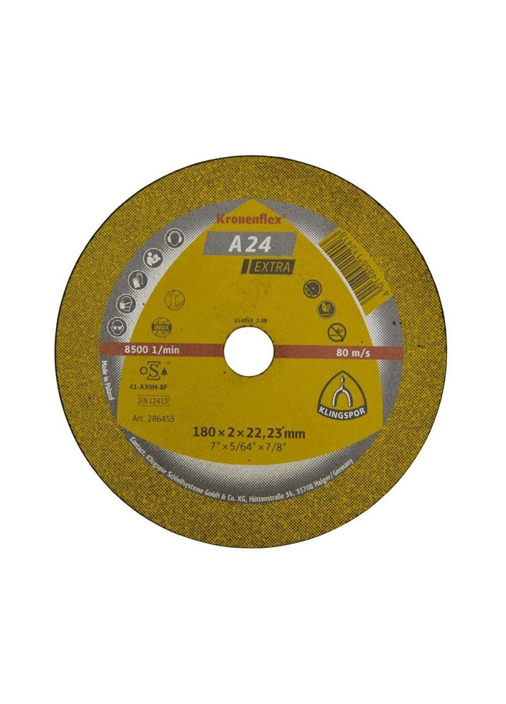 Відрізний диск Kronenflex A 24 Extra (180х2х22.23 мм) прямий круг по металу (20969) Klingspor (267819716)