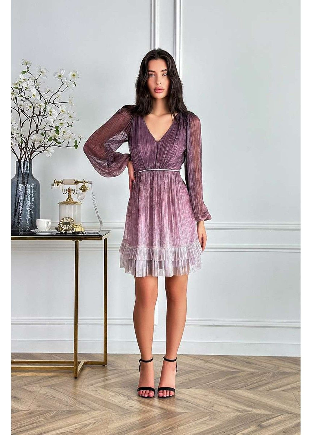 Розовое коктейльное платье сетка гофре 24024 розовая Tanita-Romario