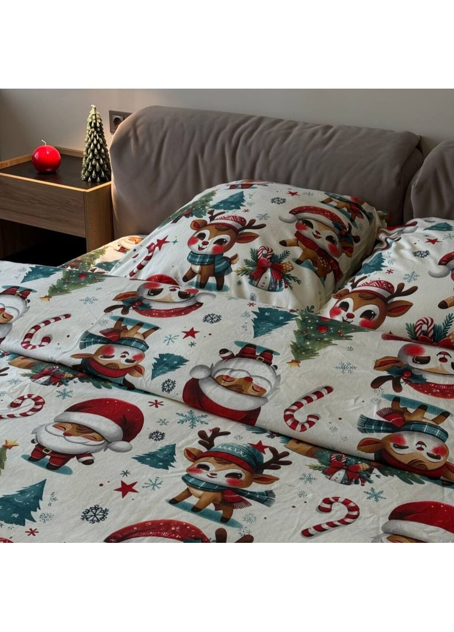 Постельное белье полуторное белое новогоднее Рождественские олени Фланель Байка A13B Ananasko (368902878)
