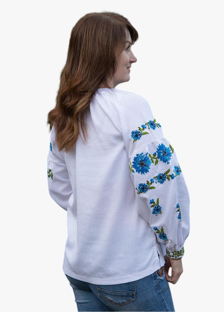 Біла вишиванка жіноча лляна волошки біла Україна льон (316262065)