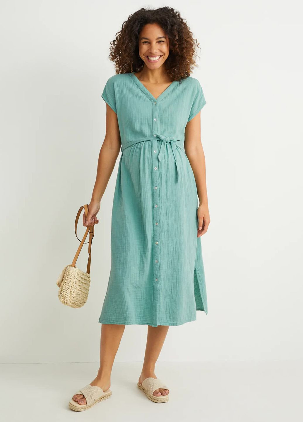 Зеленое кэжуал муслиновое платье-рубашка C&A однотонное