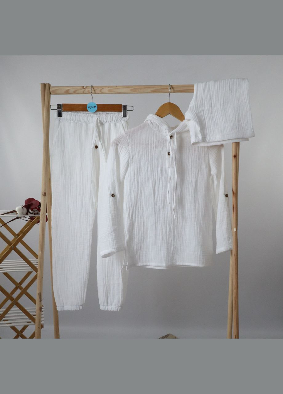 Білий літній мусліновий дитячий пляжний комплект (туніка з капюшоном + штани + шорти) білий No Brand