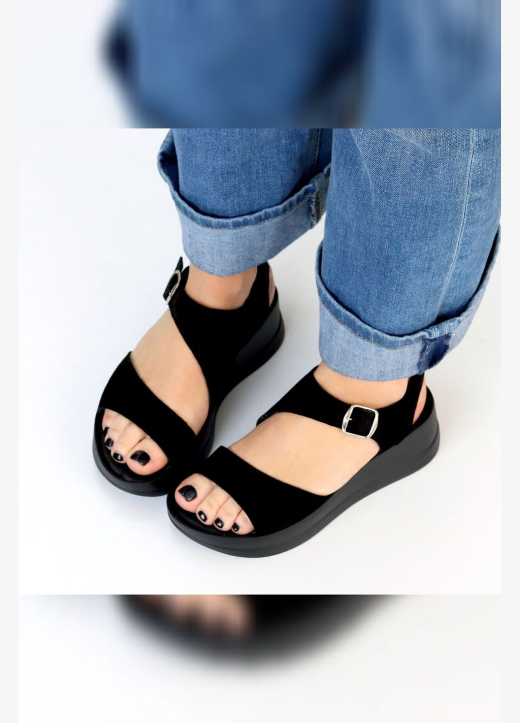 Жіночі босоніжки чорні замшеві танкетка натуральна замша Viki Босоніжки (329687922)