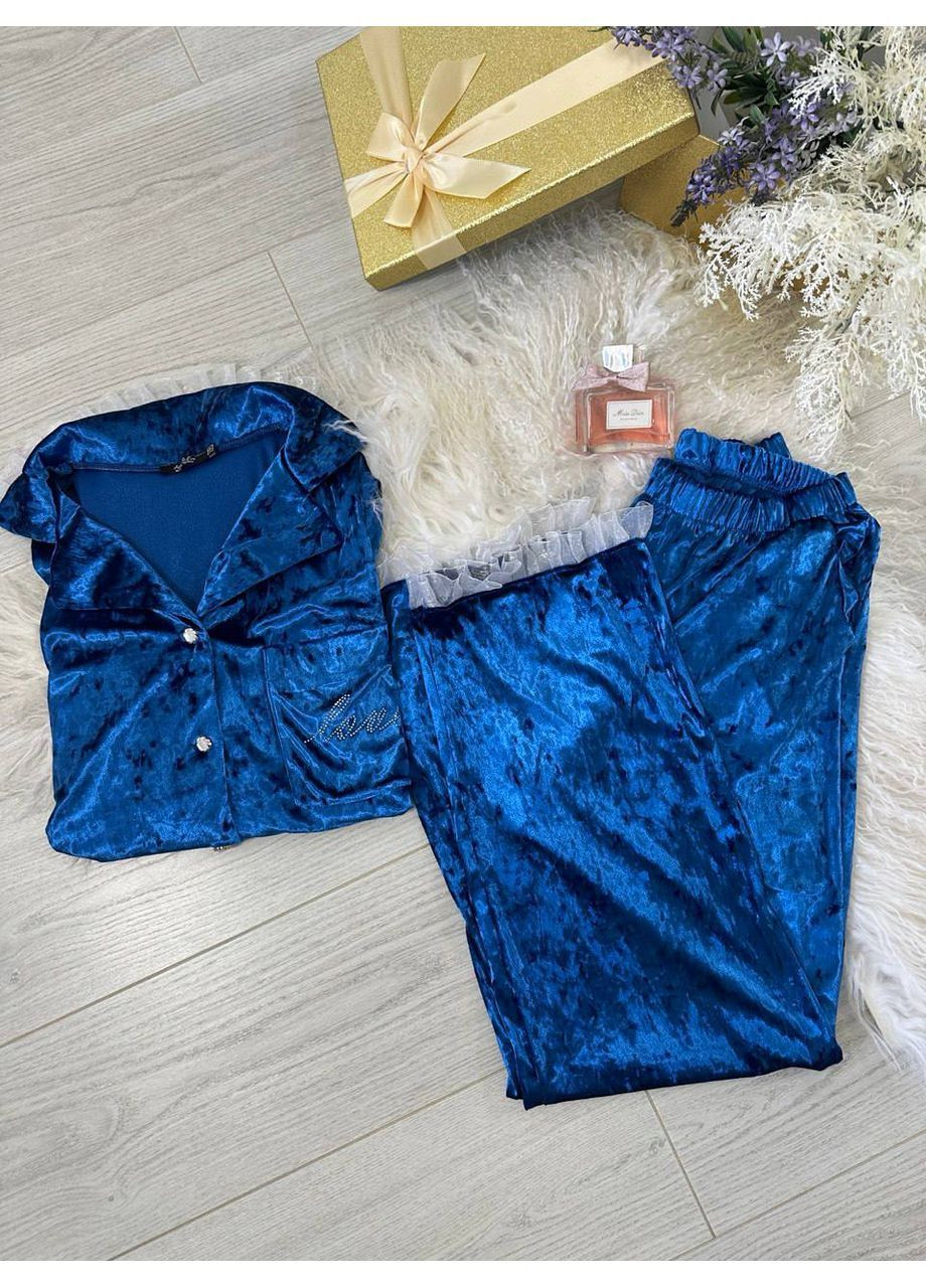 Синяя всесезон женская велюровая пижама рубашка + брюки Asi.Store.ua