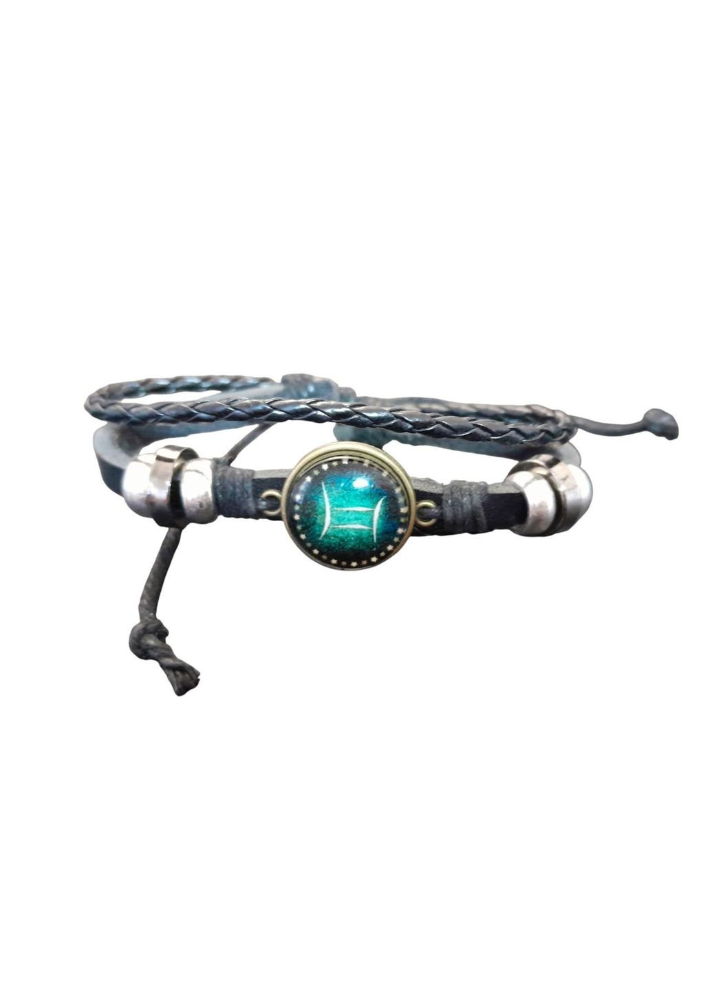 Браслет экокожа со знаком зодиака Близнецы черный с зеленым No Brand (338627235)