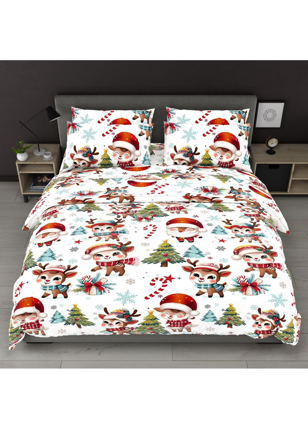 Постельное белье новогоднее двуспальное евро белое Новогодние олененки Бязь Голд 518333 Ananasko (366959154)