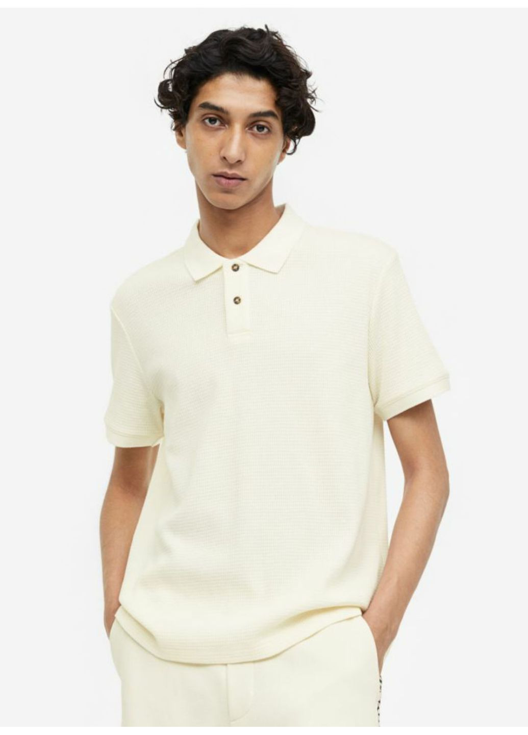 Молочная футболка-поло из хлопка для мужчин H&M однотонная