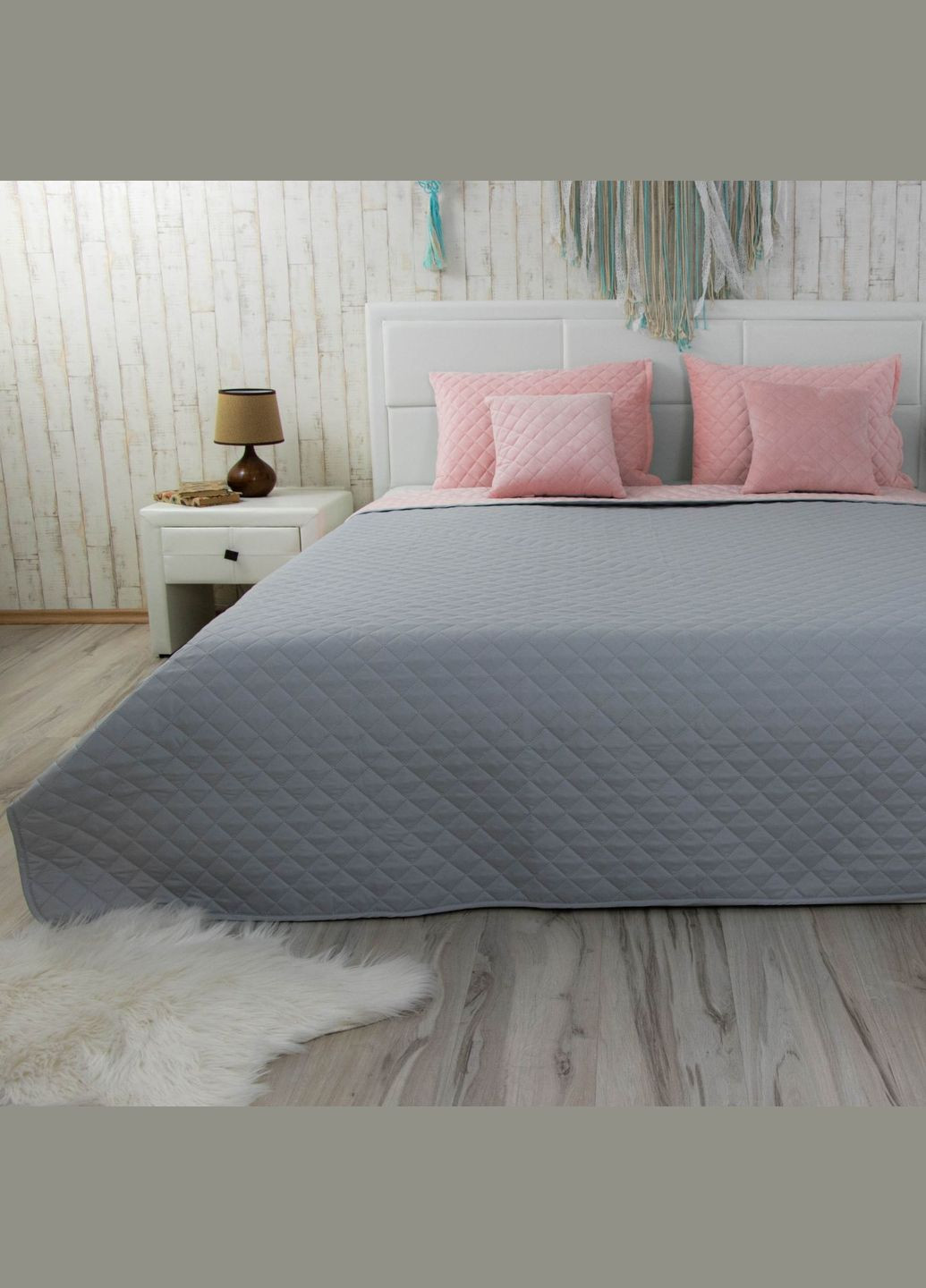 Покрывало 220х240 VeLour Pink and Grey ромб Руно 330.55_Pink and Grey ромб (325486638)