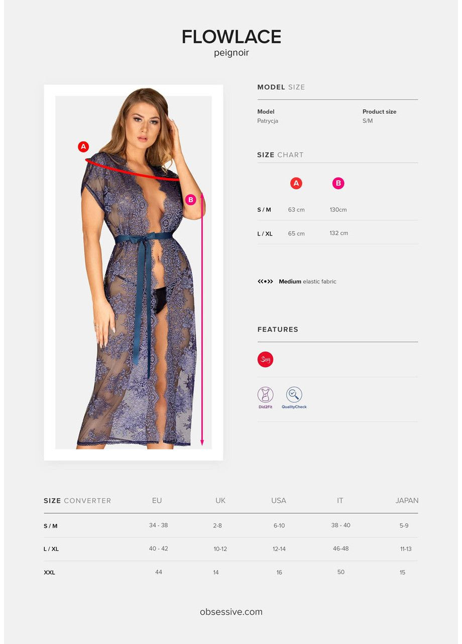 Пеньюар полупрозрачный с кружевом Flowlace синий, S/M Obsessive (303892384)