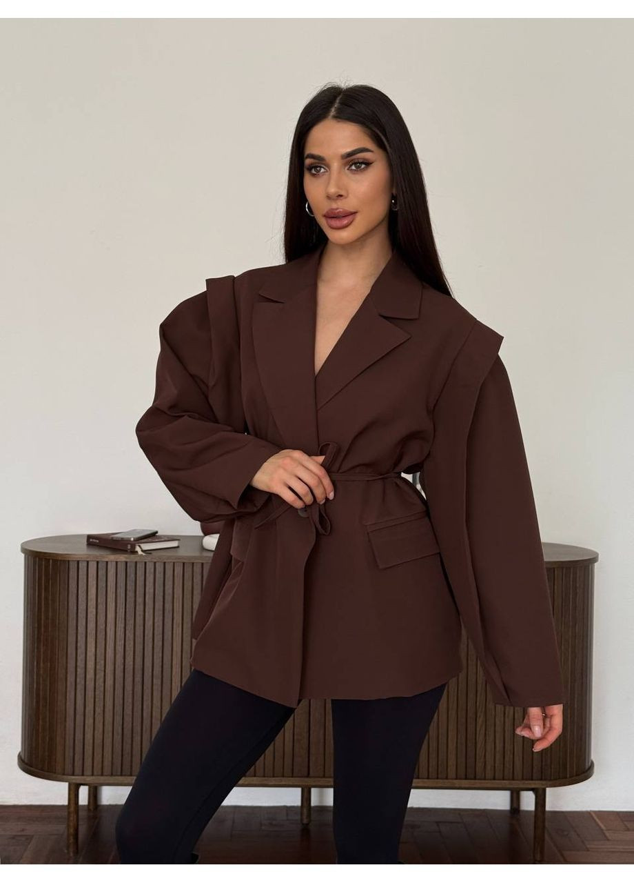 Темно-коричневый женский женский жакет с объемными рукавами и поясом. MonCher - всесезон