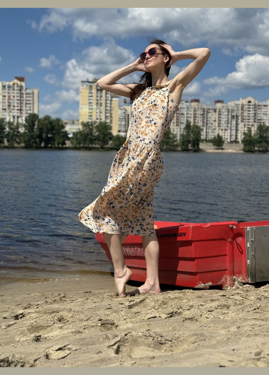 Бежева квітчаста сукня сарафан з оборкою 5777 Cat Orange