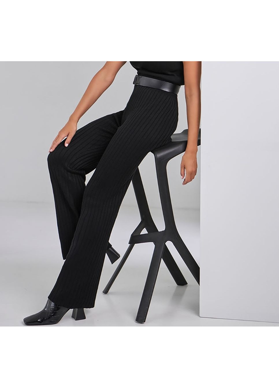 Штани жіночі вязані прямі рубчик бавовна 42/46 чорні No Brand (366547574)