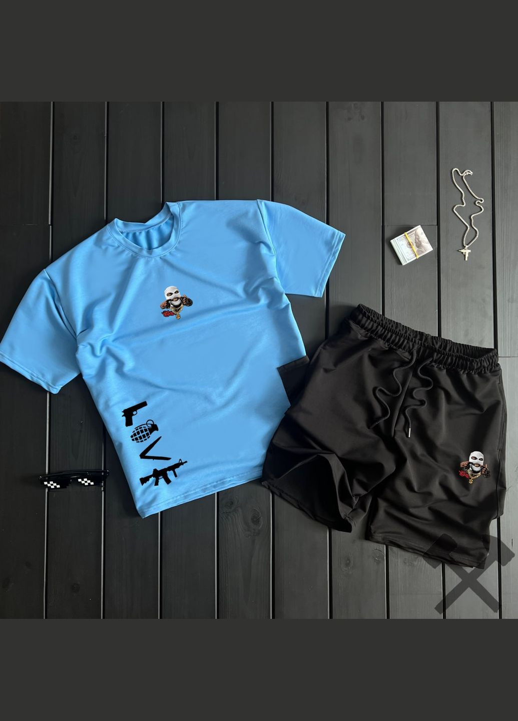 Голубой комплект шорты и футболка с накатом качественным,турция No Brand