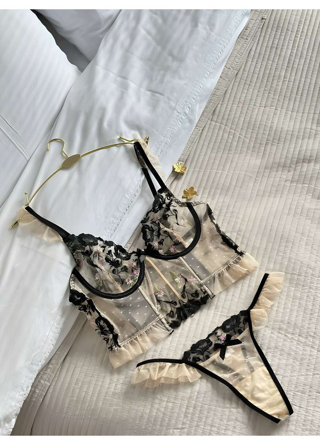 Бежевий демісезонний жіночий відвертий спокусливий прозорий комплект еротичної білизни No Brand