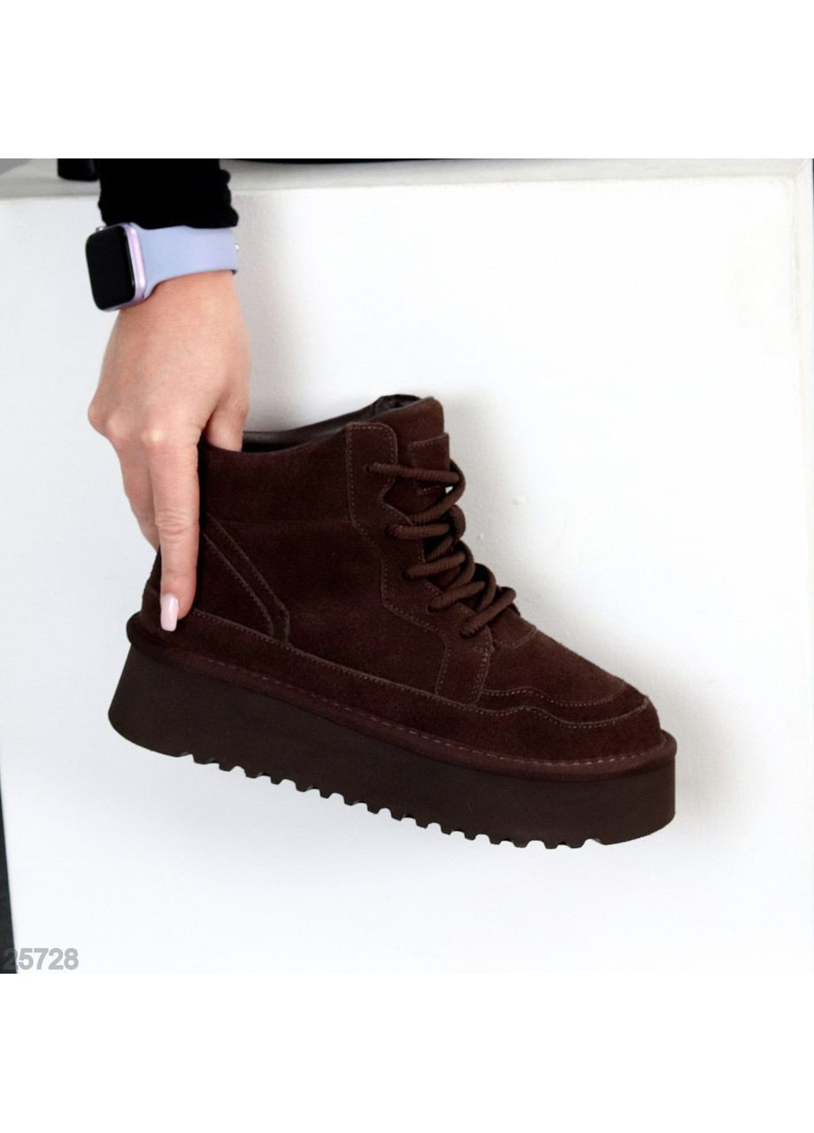 Женские зимние угги на шнуровке Leron, шоколадные, из натуральной замши, утепленные экохутром. No Brand (365756140)