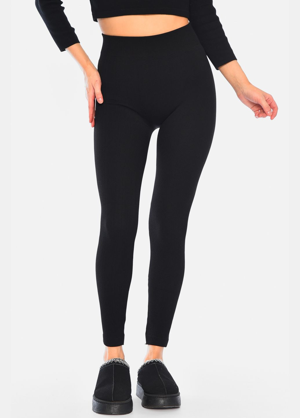 Лосини жіночі термо в рубчик на штучному хутрі чорного кольору Let's Shop (317169167)