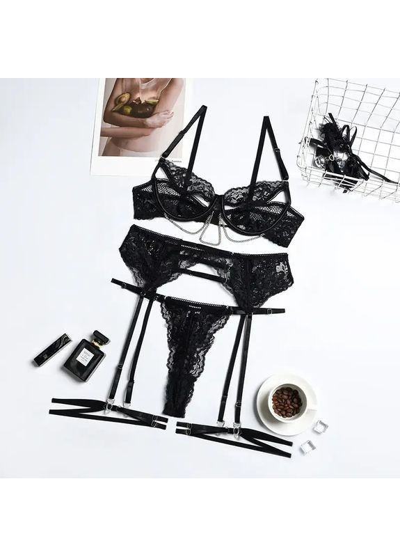 Черный демисезонный кружевной комплект с поясом. сексуальный кружевной комплект, хорошее нижнее белье для девочек No Brand