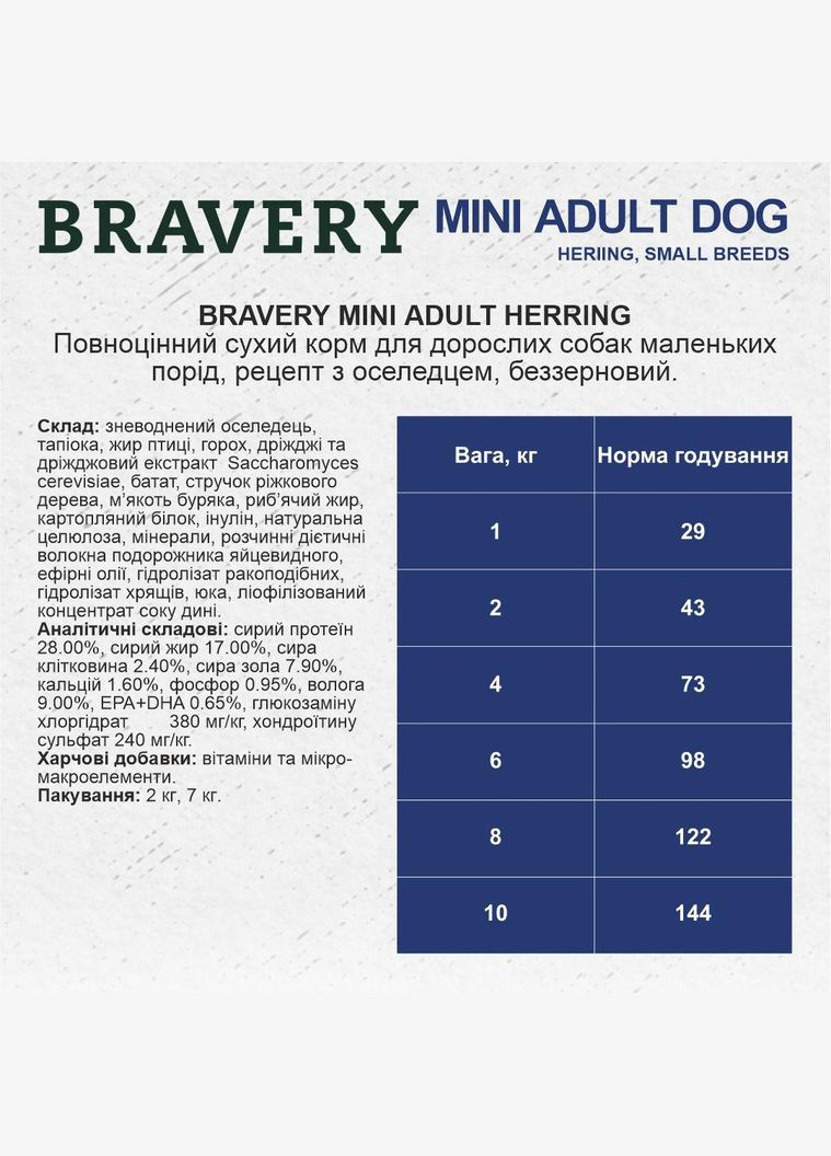 Сухой корм для собак мелких пород Herring Mini Adult с селедкой, 7 кг (*) Bravery (304547717)