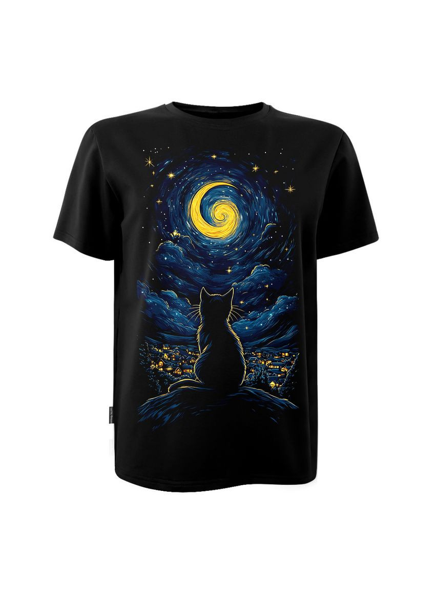 Футболка унісекс з коротким рукавом кулір чорна з принтом Cat and night (DTG) 4PROFI (361259398)