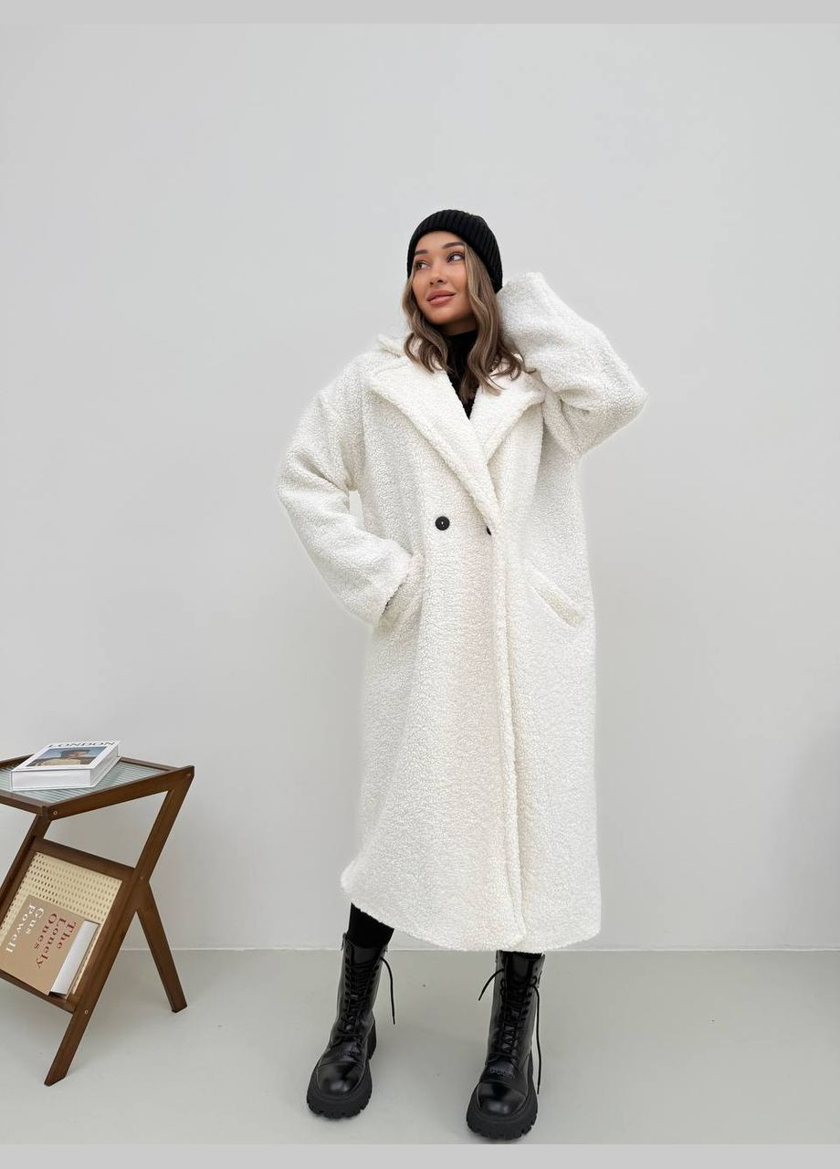 Молочне демісезонне Жіноче тепле пальто з хутра Тедді молочного кольору 30112 No Brand