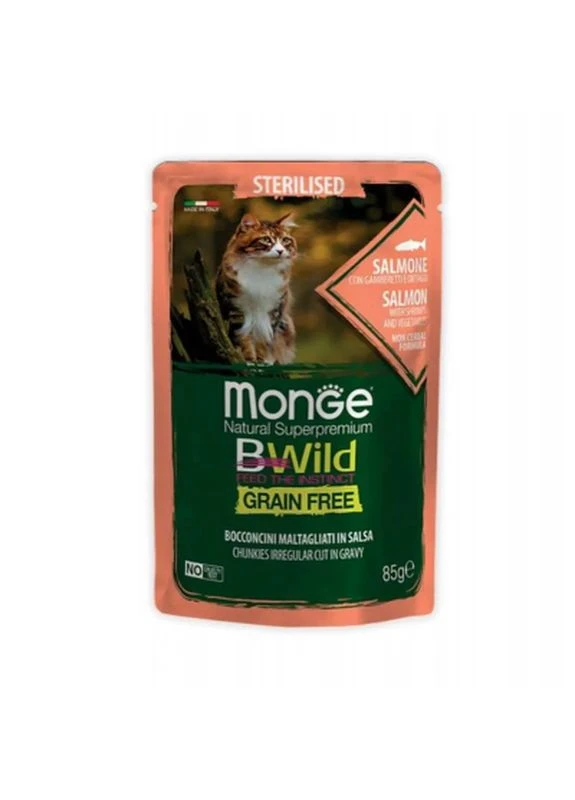 Вологий корм для кішок BWild Cat Free Wet Sterilized лосось з креветками 85 г (8009470012782) Monge (399614687)