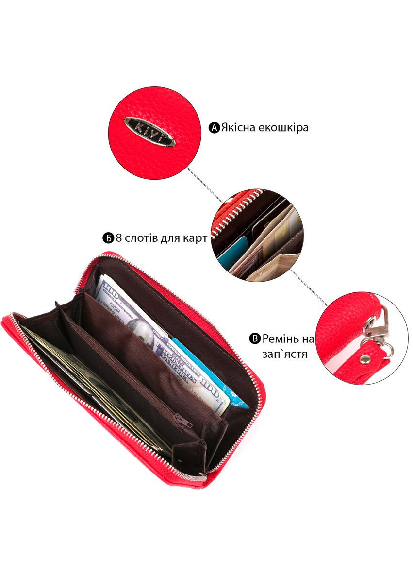 Гаманець жіночий на одну блискавку з екокожі флотар 19018 Яскраво-червоний KIVI (329150498)