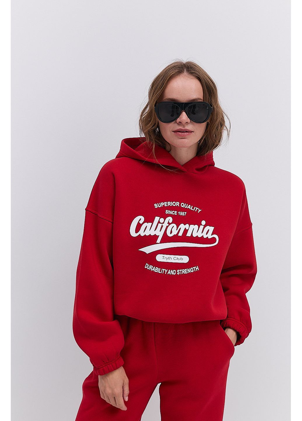 Спортивний жіночий костюм з худі світло-бежевий з принтом California Arjen (364967551)