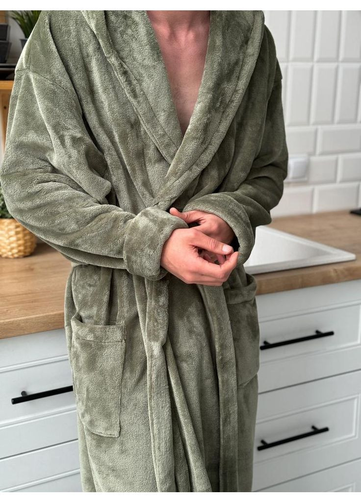 Мужской халат плюш с капюшоном, оливка - Oversize Lavender Dreams (368670433)